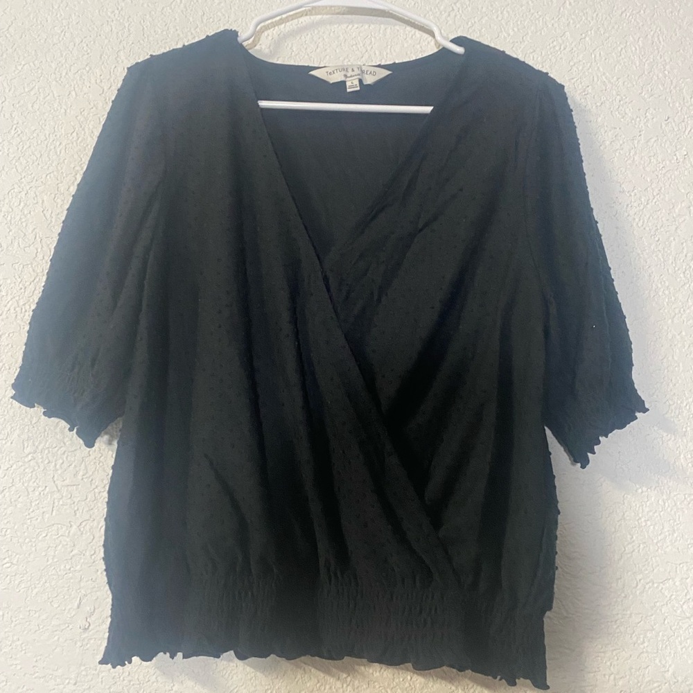 Madewell Texture & Thread Black Textured Swiss Dot smocked Crossover Top - Picture 3 of 9